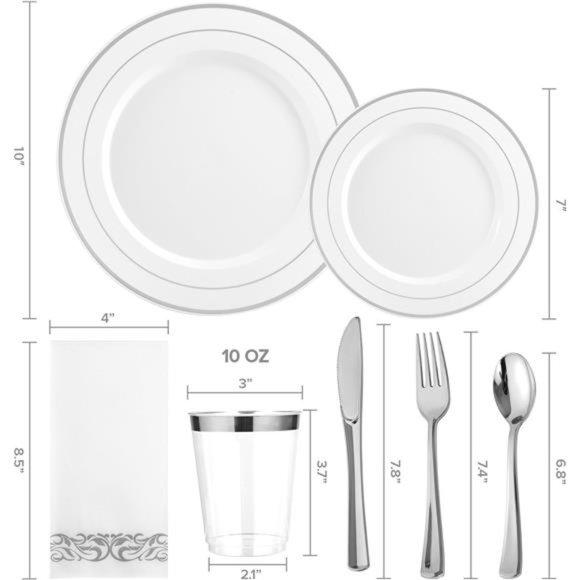 175pcs Silver Dinnerware Set for 25 Guests,Silver Rim Plastic Plates Disposable - Picture 2 of 7